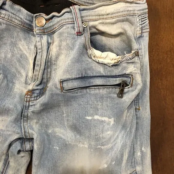 Preme Denim Distressed Ripped Jeans Light Wash  Stacked Moto Mens 43x32 P10 - Picture 4 of 7